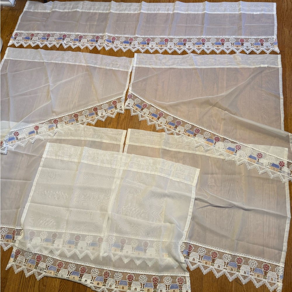 vintage white sheer curtain panels.